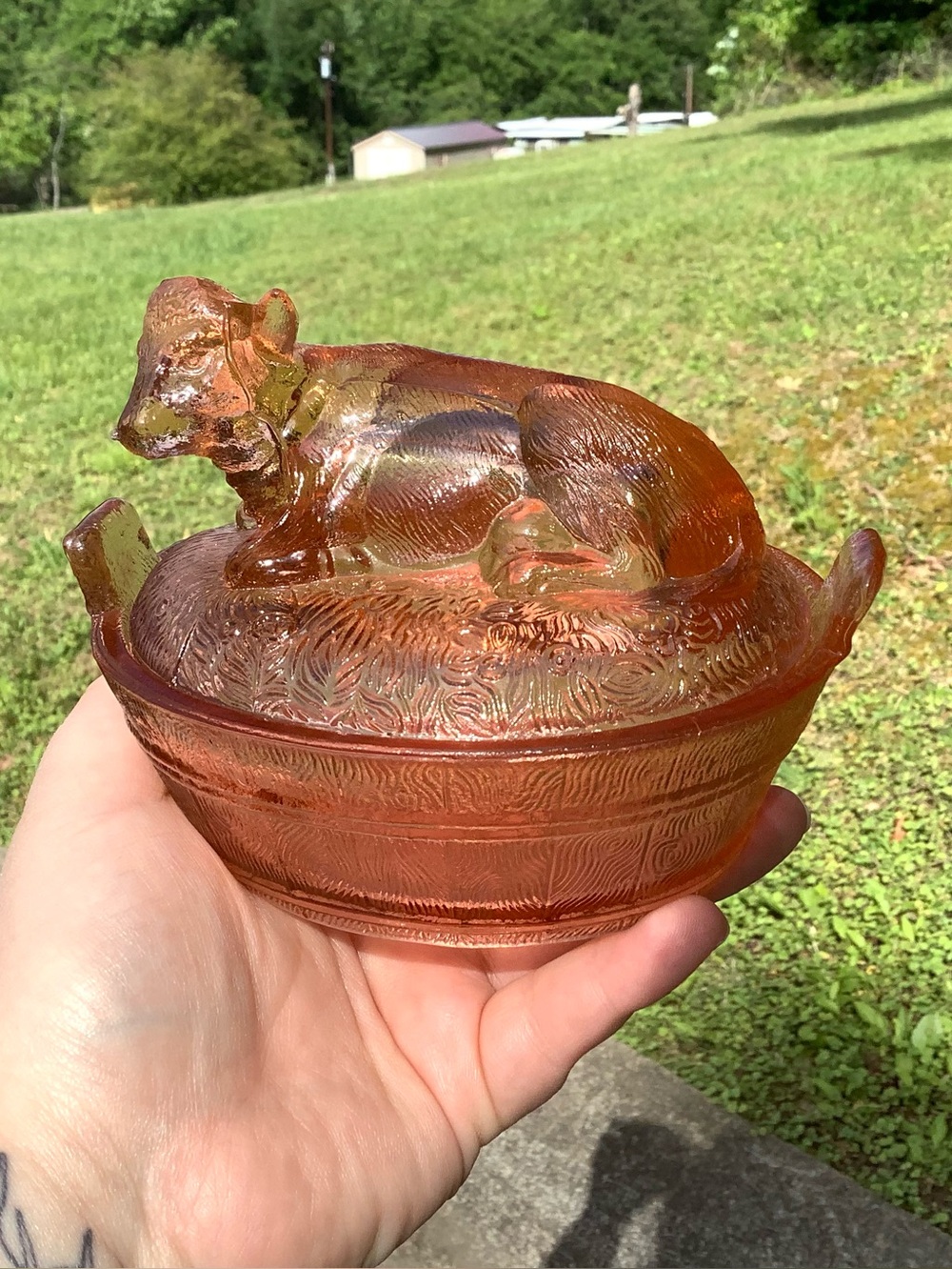 < Vintage Pink Depression Glass Nesting Cow Candy Dish >